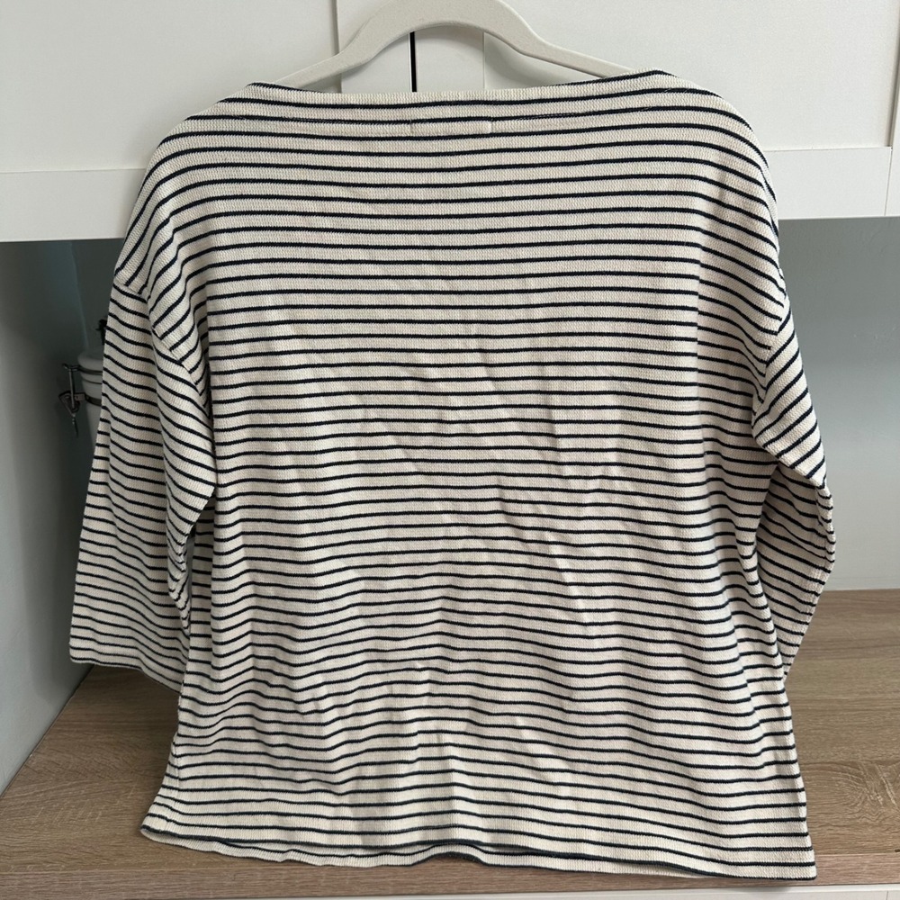 Emerson Fry Organic Boxy Stripe 3/4 Sleeve Top Womens OS Cream Navy Boat Neck - Picture 10 of 10